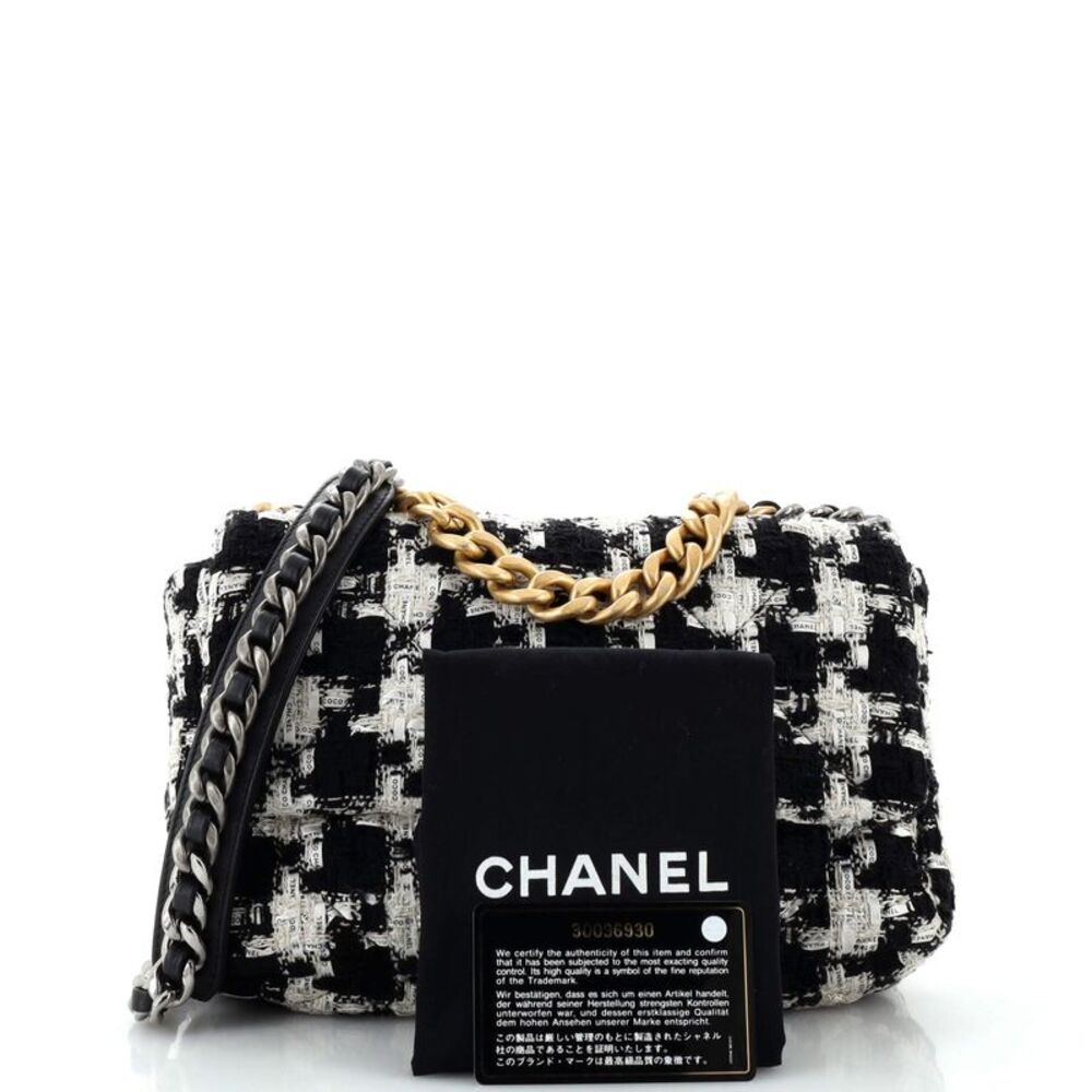 Chanel 19 Flap Bag Quilted Houndstooth Tweed and Ribbon Medium Black - Picture 2 of 9